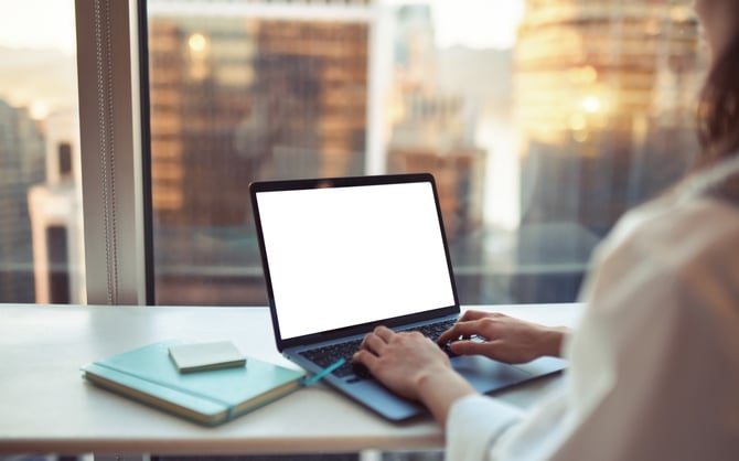 woman using laptop in front of office window